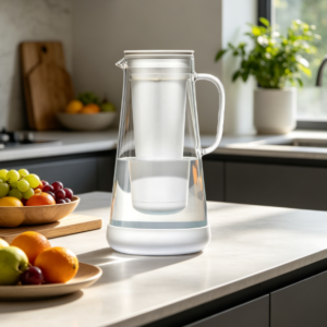 Glass Water Filter Jug, 7-Cup, White with Silicone Base – Reduces Bacteria, Parasites, Microplastics, Lead, Mercury, PFAS and Chemicals
